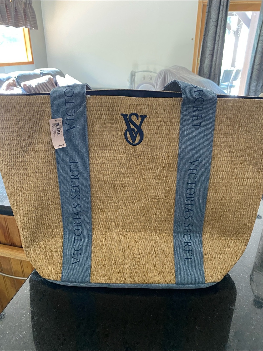 Victoria's Secret Natural Straw Tote with Blue Denim Straps